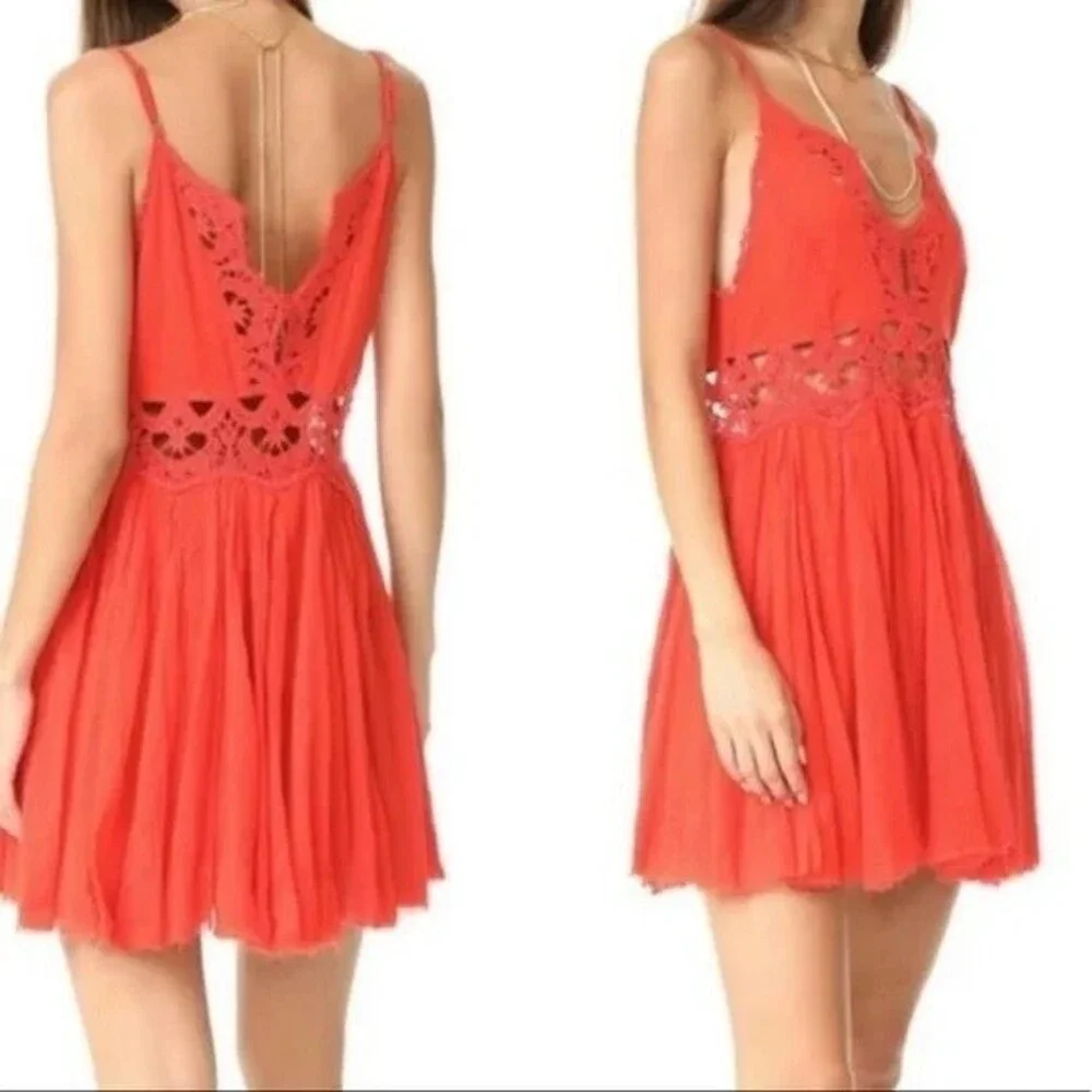 NWOT Free People One Coast to Cove Mini Dress in Red Orange. Size Small
